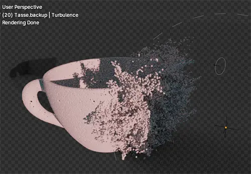 Particle system and point cloud view of the reconstructed cup in Blender